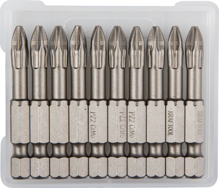 Биты "X-DRIVE" торсионные кованые, обточенные, KRAFTOOL 26123-2-50-10, Cr-Mo сталь, тип хвостовика E 1/4", PZ2, 50мм, 10шт,  ( 26123-2-50-10 )