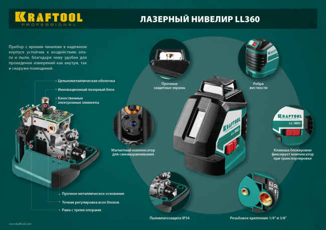 KRAFTOOL LL360 #4 нивелир лазерный, 2х360° , 20м / 70м,  IP54, точн. +/-0,2 мм/м, держатель, детектор, в кейсе ( 34645-4 ) KRAFTOOL LL360 #4 нивелир лазерный, 2х360° , 20м / 70м,  IP54, точн. +/-0,2 мм/м, держатель, детектор, в кейсе ( 34645-4 )