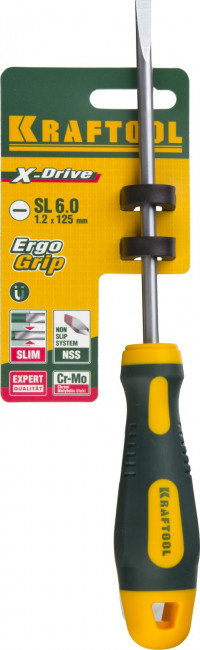 Отвертка KRAFTOOL, Cr-Mo-V сталь, двухкомпонентная противоскользящая рукоятка, SL, 6,0x125мм,  ( 250071-6.5-125 ) Отвертка KRAFTOOL, Cr-Mo-V сталь, двухкомпонентная противоскользящая рукоятка, SL, 6,0x125мм,  ( 250071-6.5-125 )