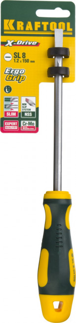 Отвертка KRAFTOOL, Cr-Mo-V сталь, двухкомпонентная противоскользящая рукоятка, SL, 8,0x150мм, ( 250071-8.0-150 ) Отвертка KRAFTOOL, Cr-Mo-V сталь, двухкомпонентная противоскользящая рукоятка, SL, 8,0x150мм, ( 250071-8.0-150 )