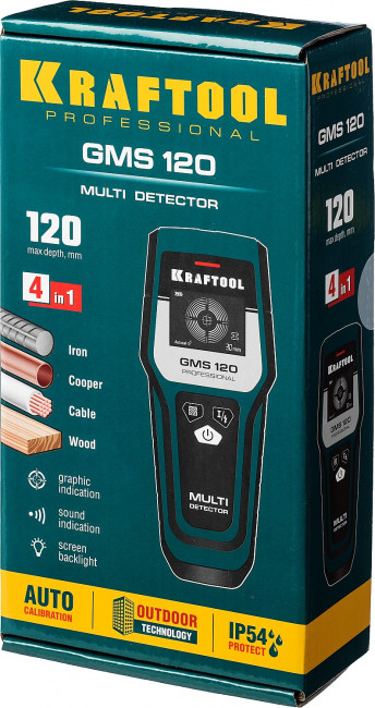 KRAFTOOL GMS 120 детектор универсальный 4-in-1, с автокалибровкой,  120 мм черный мет,  80 мм цвет.мет,  50 мм проводка,  20 мм дерево, ЖК дисплей ( 45298 )