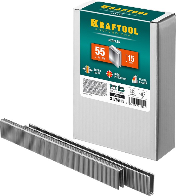 KRAFTOOL 15  мм скобы для степлера узкие тип 55, 5000 шт, ( 31789-15 )