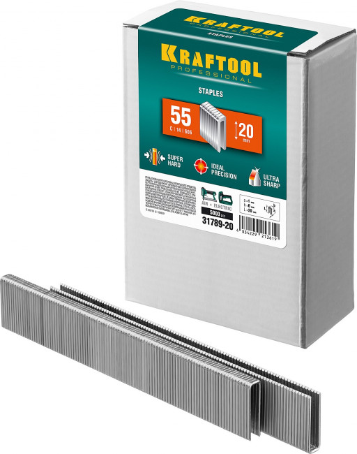 KRAFTOOL 20 мм скобы для степлера узкие тип 55, 5000 шт, ( 31789-20 ) KRAFTOOL 20 мм скобы для степлера узкие тип 55, 5000 шт, ( 31789-20 )