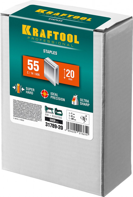 KRAFTOOL 20 мм скобы для степлера узкие тип 55, 5000 шт, ( 31789-20 ) KRAFTOOL 20 мм скобы для степлера узкие тип 55, 5000 шт, ( 31789-20 )
