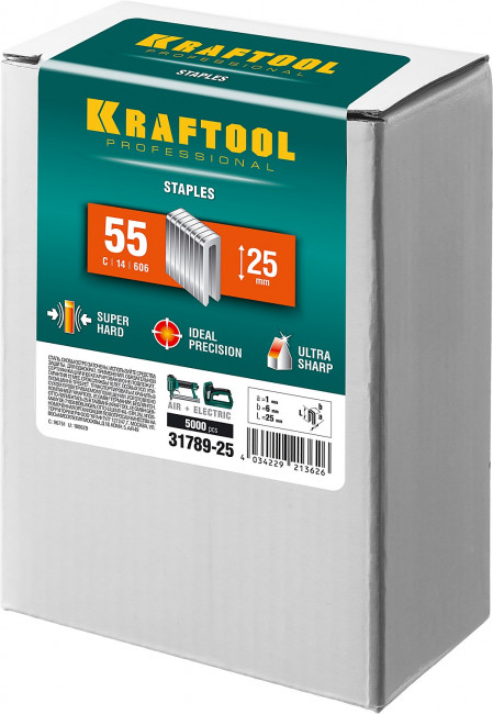 KRAFTOOL 25 мм скобы для степлера узкие тип 55, 5000 шт, ( 31789-25 ) KRAFTOOL 25 мм скобы для степлера узкие тип 55, 5000 шт, ( 31789-25 )