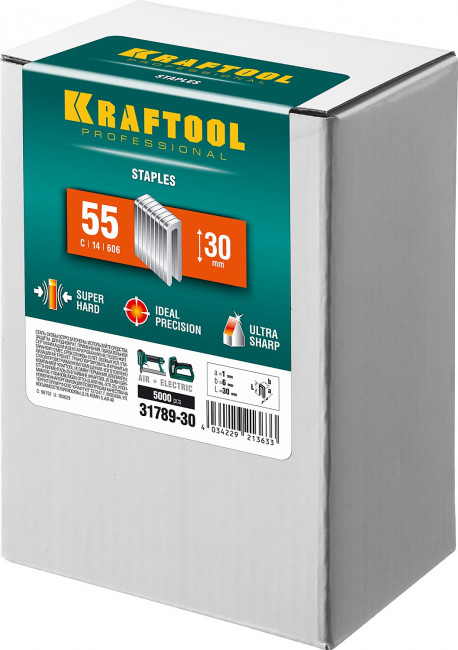 KRAFTOOL 30 мм скобы для степлера узкие тип 55, 5000 шт, ( 31789-30 ) KRAFTOOL 30 мм скобы для степлера узкие тип 55, 5000 шт, ( 31789-30 )