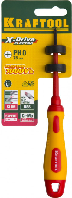 Отвертка KRAFTOOL, высоковольтная, Cr-Mo-V стержень, двухкомпонент. маслобензостойкая рукоятка, PH №0, 60мм,  ( 250084-0-060 )