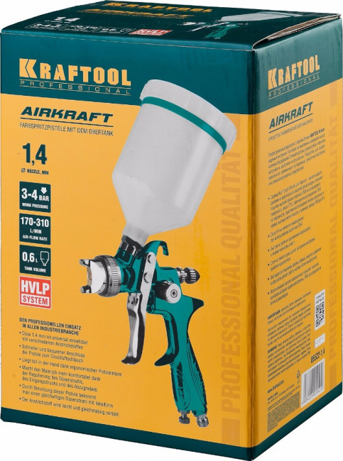 Краскопульт пневматический KRAFTOOL AirKraft, HVLP, c верхним бачком, 1,4мм,  ( 06522-1.4 )