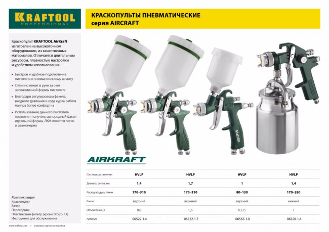 Краскопульт пневматический KRAFTOOL AirKraft, HVLP, c верхним бачком, 1,4мм,  ( 06522-1.4 )