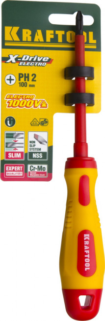 Отвертка KRAFTOOL, высоковольтная, Cr-Mo-V стержень, двухкомпонент. маслобензостойкая рукоятка, PH №2, 100мм,  ( 250084-2-100 )