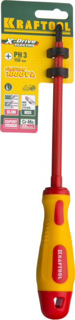Отвертка KRAFTOOL, высоковольтная, Cr-Mo-V стержень, двухкомпонент. маслобензостойкая рукоятка, PH №3, 150мм,  ( 250084-3-150 )