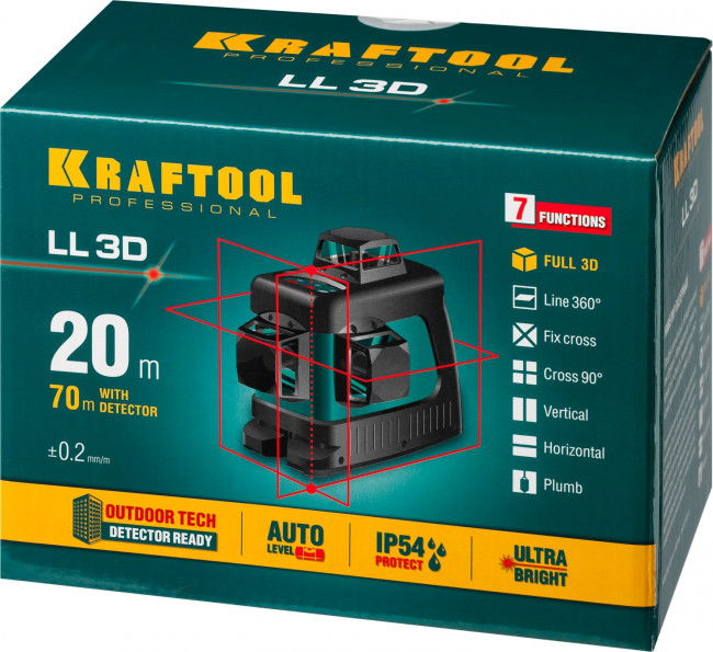Нивелир лазерный LL-3D, 3х360° , 20м/70м , IP54, точн. +/-0,2 мм/м, KRAFTOOL, ( 34640 ) Нивелир лазерный LL-3D, 3х360° , 20м/70м , IP54, точн. +/-0,2 мм/м, KRAFTOOL, ( 34640 )
