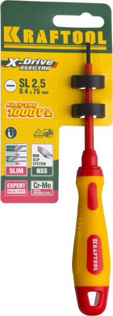 Отвертка KRAFTOOL, высоковольтная, Cr-Mo-V стержень, двухкомпонент. маслобензостойкая рукоятка, SL, 2,5х75мм,  ( 250083-2.5-075 )
