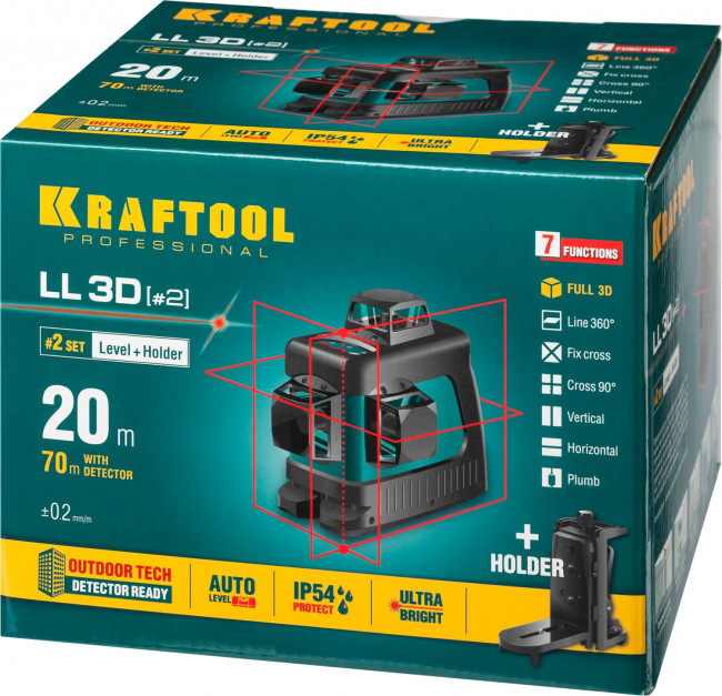KRAFTOOL LL-3D #2 нивелир лазерный, 3х360° , 20м/70м , IP54, точн. +/-0,2 мм/м, держатель, в сумке, ( 34640-2 ) KRAFTOOL LL-3D #2 нивелир лазерный, 3х360° , 20м/70м , IP54, точн. +/-0,2 мм/м, держатель, в сумке, ( 34640-2 )