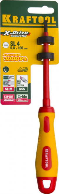 Отвертка KRAFTOOL, высоковольтная, Cr-Mo-V стержень, двухкомпонент. маслобензостойкая рукоятка, SL, 4,0х100мм, ( 250083-4.0-100 ) Отвертка KRAFTOOL, высоковольтная, Cr-Mo-V стержень, двухкомпонент. маслобензостойкая рукоятка, SL, 4,0х100мм, ( 250083-4.0-100 )