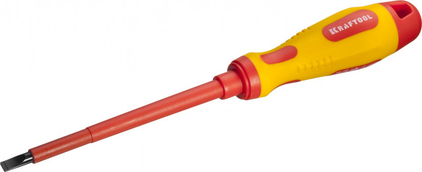Отвертка KRAFTOOL, высоковольтная, Cr-Mo-V стержень, двухкомпонент. маслобензостойкая рукоятка, SL, 5,5х125мм,  ( 250083-5.5-125 )