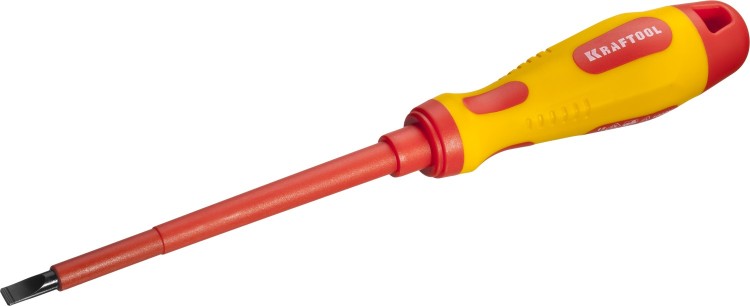 Отвертка KRAFTOOL, высоковольтная, Cr-Mo-V стержень, двухкомпонент. маслобензостойкая рукоятка, SL, 5,5х125мм,  ( 250083-5.5-125 )