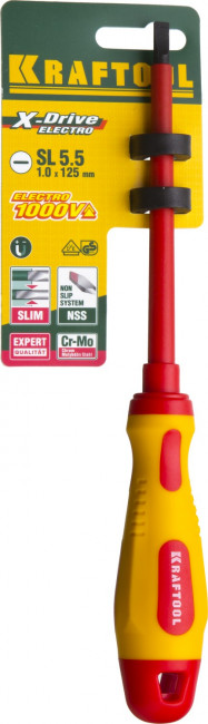 Отвертка KRAFTOOL, высоковольтная, Cr-Mo-V стержень, двухкомпонент. маслобензостойкая рукоятка, SL, 5,5х125мм,  ( 250083-5.5-125 )