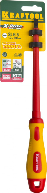Отвертка KRAFTOOL, высоковольтная, Cr-Mo-V стержень, двухкомпонент. маслобензостойкая рукоятка, SL, 6,5х150мм,  ( 250083-6.5-150 )