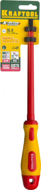 Отвертка KRAFTOOL, высоковольтная, Cr-Mo-V стержень, двухкомпонент. маслобензостойкая рукоятка, SL, 8,0х175мм, ( 250083-8.0-175 ) Отвертка KRAFTOOL, высоковольтная, Cr-Mo-V стержень, двухкомпонент. маслобензостойкая рукоятка, SL, 8,0х175мм, ( 250083-8.0-175 )