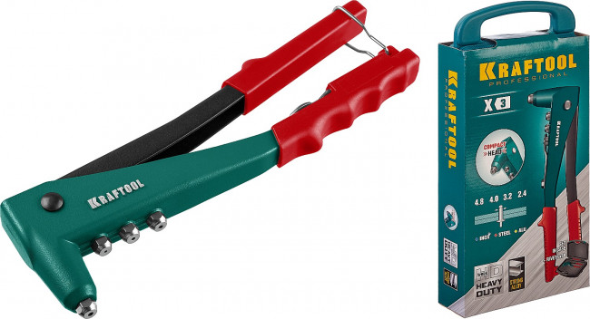 Заклепочник с литым корпусом, KRAFTOOL "X-3" 31170-H6, 2.4-4.8 мм -  алюминий и сталь; d=2.4-4.0 - нерж сталь, в кейсе, с набором заклепок ( 31170-H6_z01 )