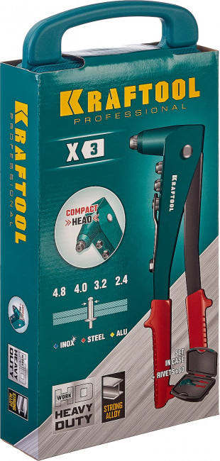 Заклепочник с литым корпусом, KRAFTOOL "X-3" 31170-H6, 2.4-4.8 мм -  алюминий и сталь; d=2.4-4.0 - нерж сталь, в кейсе, с набором заклепок ( 31170-H6_z01 )