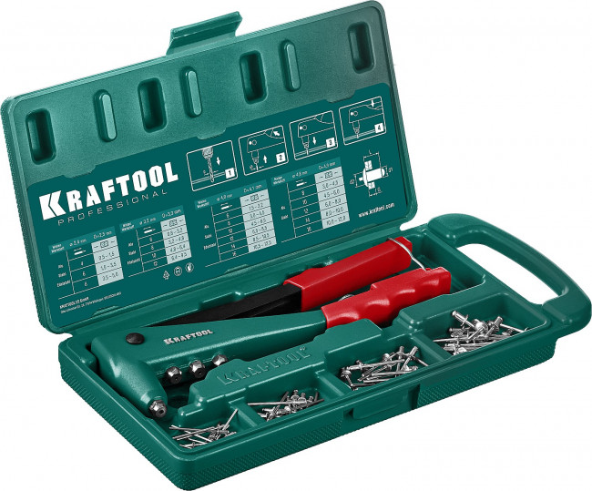 Заклепочник с литым корпусом, KRAFTOOL "X-3" 31170-H6, 2.4-4.8 мм -  алюминий и сталь; d=2.4-4.0 - нерж сталь, в кейсе, с набором заклепок ( 31170-H6_z01 )