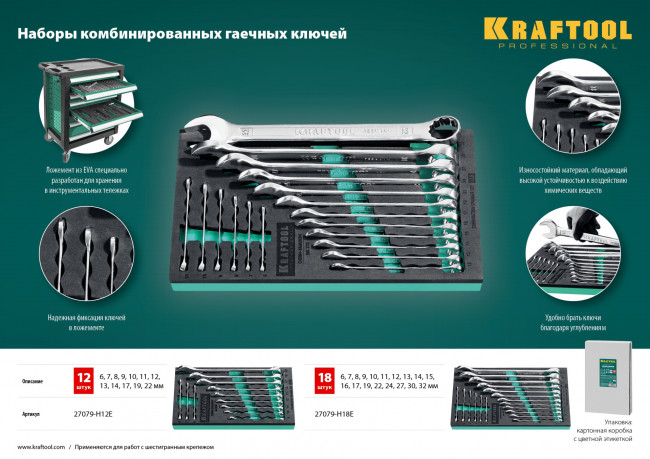Набор комбинированных гаечных ключей 18 шт, 6 - 32 мм, KRAFTOOL, ( 27079-H18E )