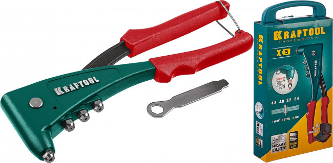 Заклепочник с литым корпусом, KRAFTOOL "X-5F" 31173-H6, 2.4-4.8 мм - алюминий и сталь, 2.4-4.0 - нерж сталь, в кейсе, с набором заклепок ( 31173-H6_z01 )