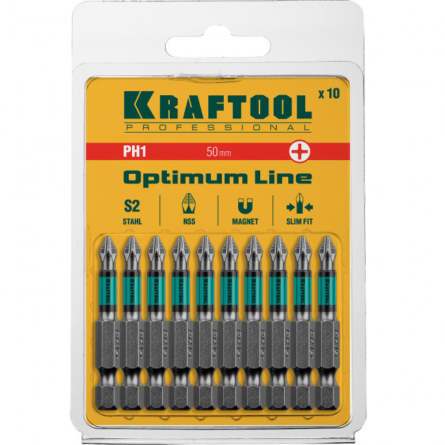 Optimum Line Биты, PH1, 50 мм, тип хвостовика E 1/4", 10 шт в блистере, KRAFTOOL,  ( 26122-1-50-10 )