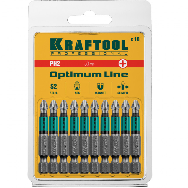 Optimum Line Биты, PH2, 50 мм, тип хвостовика E 1/4", 10 шт в блистере, KRAFTOOL,  ( 26122-2-50-10 ) Optimum Line Биты, PH2, 50 мм, тип хвостовика E 1/4", 10 шт в блистере, KRAFTOOL,  ( 26122-2-50-10 )