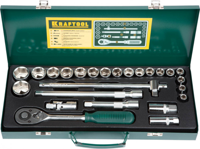 Набор торцовых головок KRAFTOOL "INDUSTRIE QUALITAT" (1/2") универсальный, Cr-V, металлический кейс, 25 предметов,  ( 27892-H25_z01 )