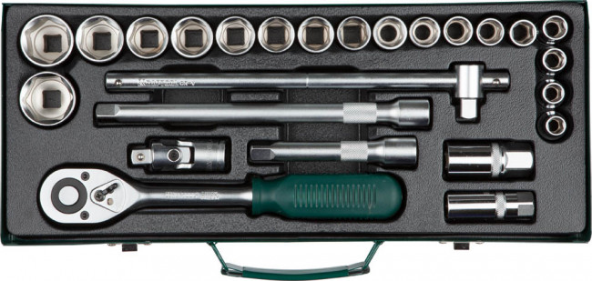 Набор торцовых головок KRAFTOOL "INDUSTRIE QUALITAT" (1/2") универсальный, Cr-V, металлический кейс, 25 предметов,  ( 27892-H25_z01 )