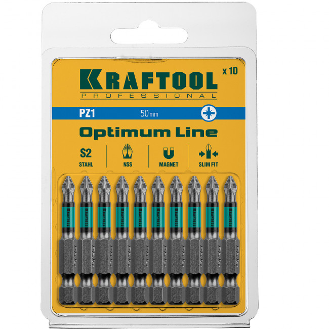 Optimum Line Биты, PZ1, 50 мм, тип хвостовика E 1/4", 10 шт в блистере, KRAFTOOL,  ( 26124-1-50-10 ) Optimum Line Биты, PZ1, 50 мм, тип хвостовика E 1/4", 10 шт в блистере, KRAFTOOL,  ( 26124-1-50-10 )